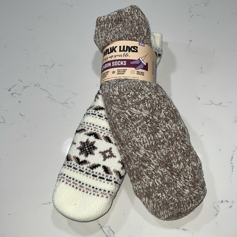 Muk Luks Cabin Socks Snow Ivory and Taupe 2 Pack